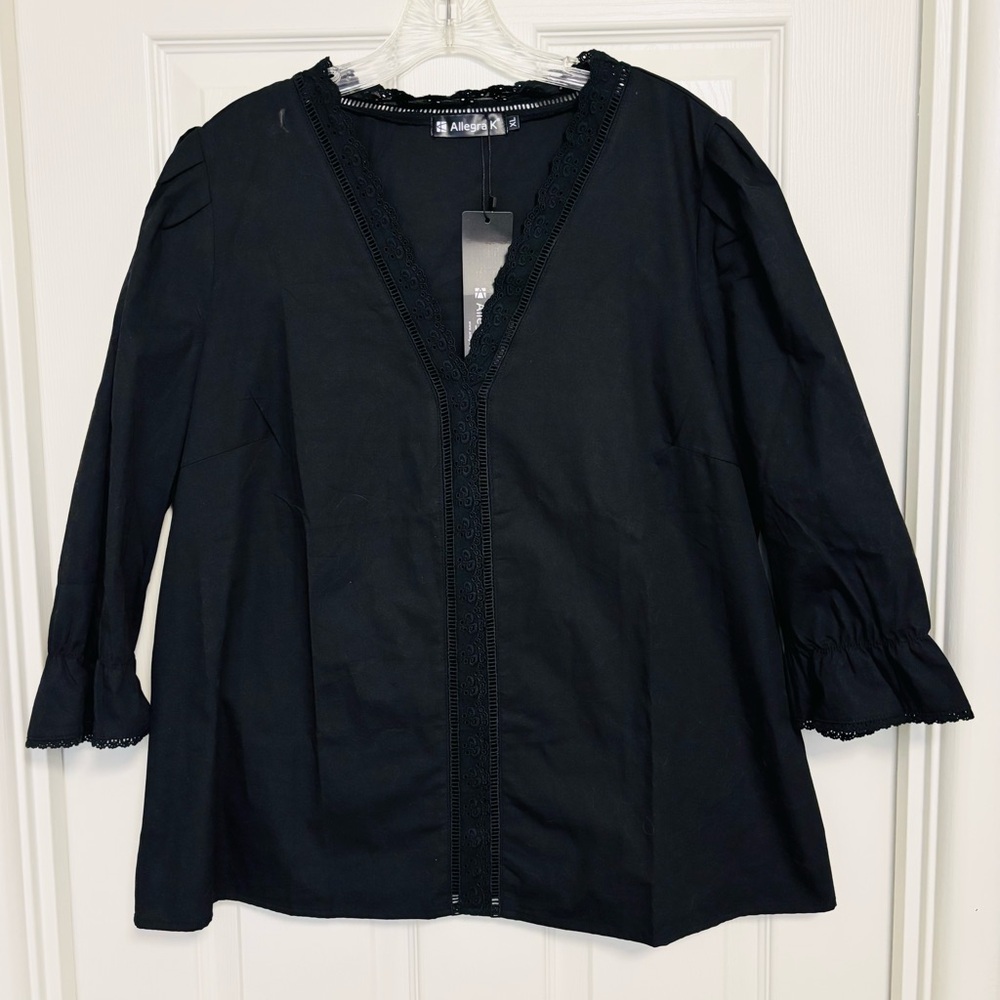 Peasant Top Lace Vneck Cotton 3/4 sleeve gathered